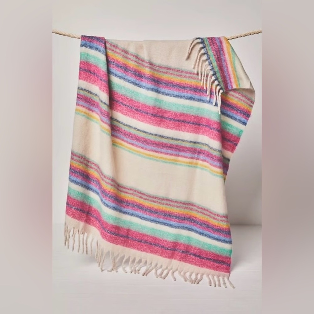 Free People Cream Throw Blanket with Pink, Blue, Green & Yellow Stripes